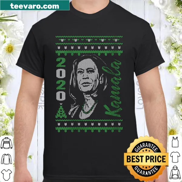 Faux knitted design of Kamala Harris on a women's V-neck Christmas T-shirt.