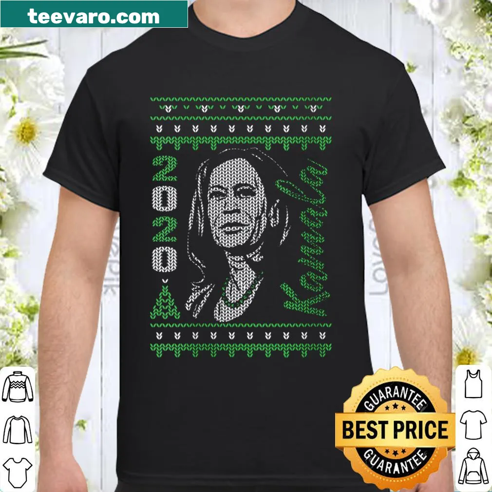 Faux knitted design of Kamala Harris on a women's V-neck Christmas T-shirt.