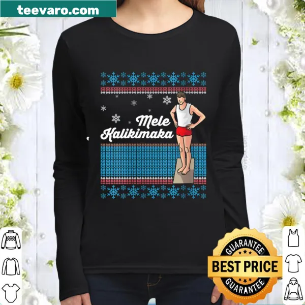 Illustration of Santa Claus surfing with 'Mele Kalikimaka' text