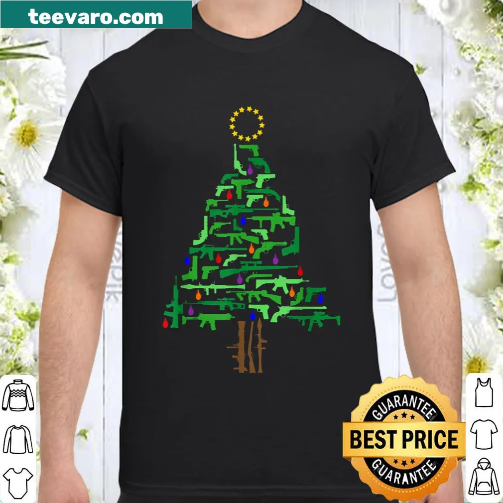 Patriotic Christmas t-shirt with gun-themed Christmas tree design