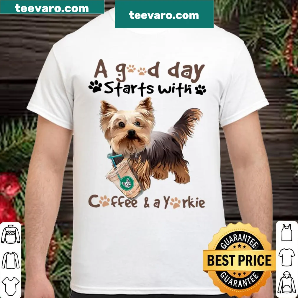 Yorkshire Terrier themed T-shirt with coffee and dog illustration.