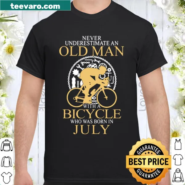 Shirt with whimsical illustration of an old man on a bicycle.