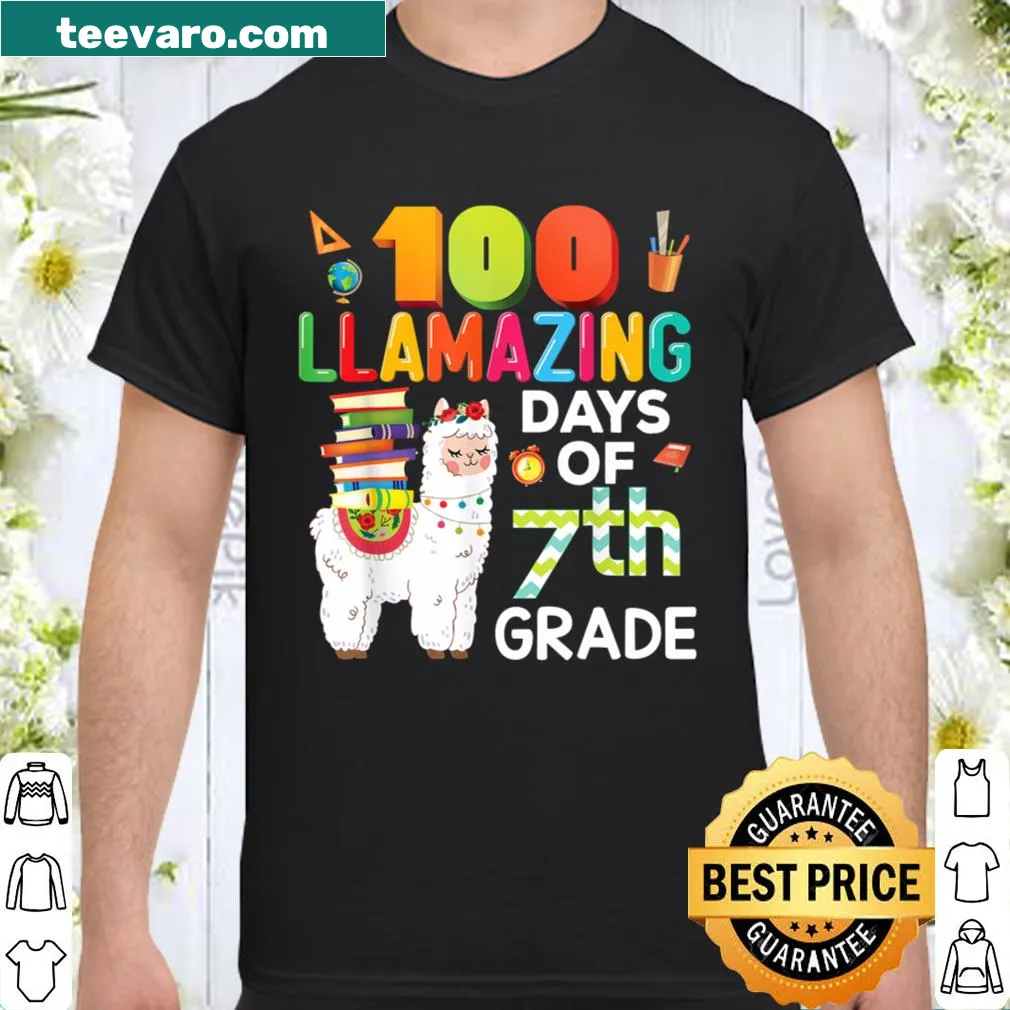 Fun 100 Days of 7th Grade shirt with llama graphic