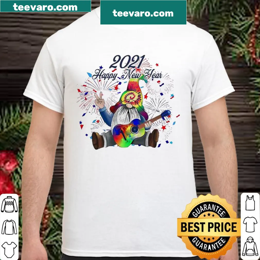Illustrated shirt featuring a gnome with a guitar celebrating New Year