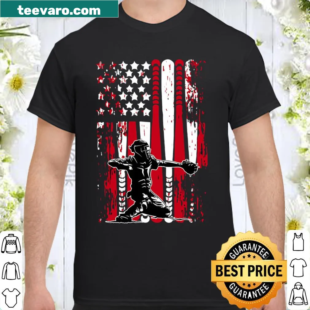 Baseball catcher emblem T-shirt for young athletes.