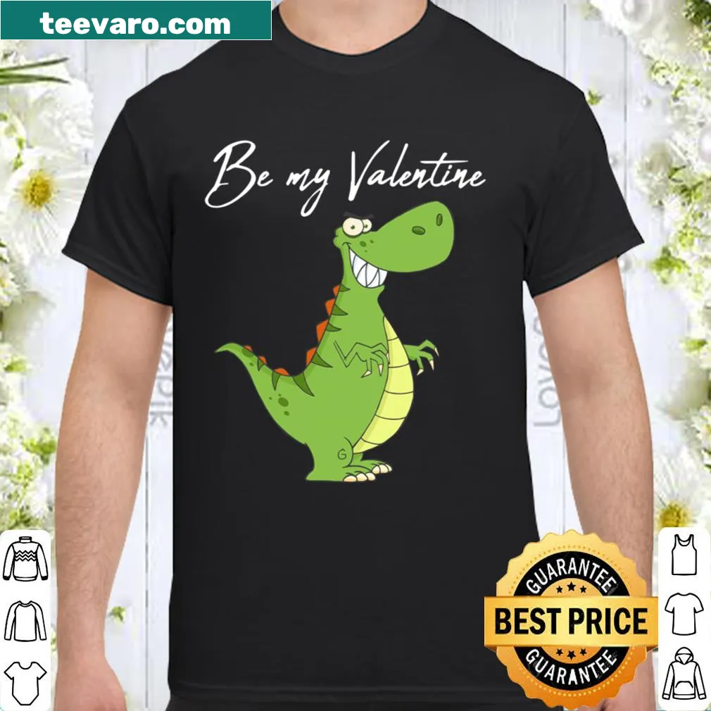 Cute dinosaur illustration with 'Be My Valentine' text