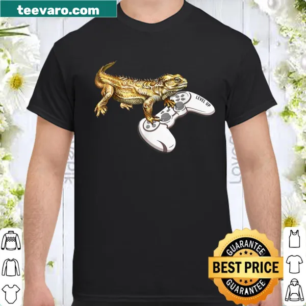Bearded dragon holding a video game controller in a playful design