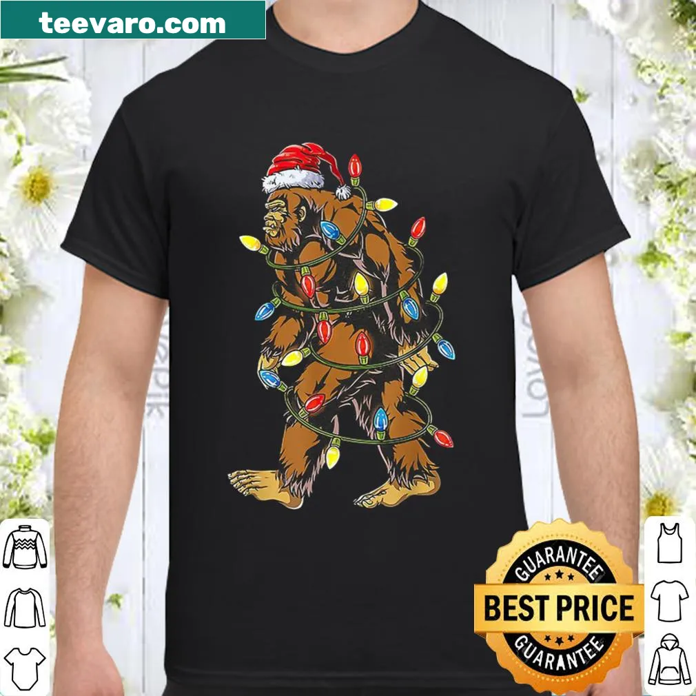Funny Bigfoot Santa design with Christmas lights for holiday wear.