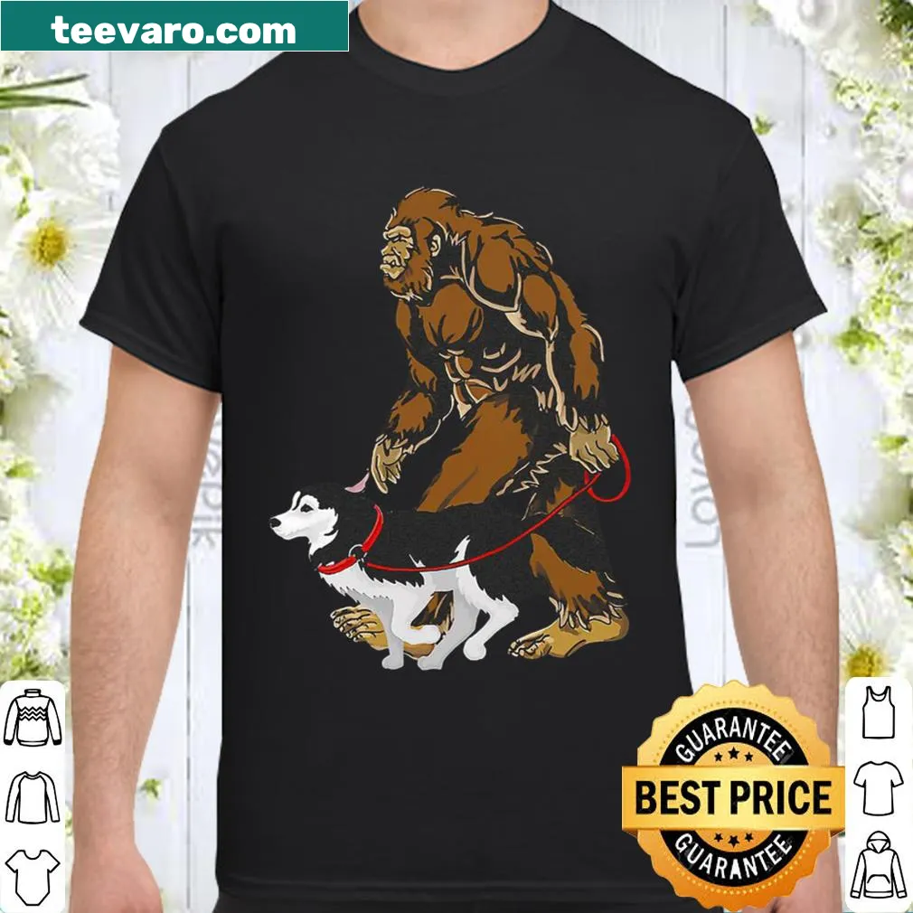 Illustration of Bigfoot walking a husky dog, creating a whimsical scene
