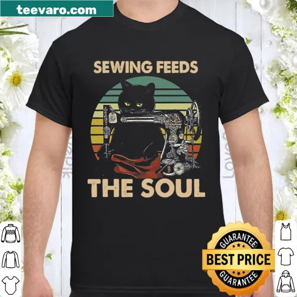 Vintage-style tee featuring a black cat and sewing supplies illustration