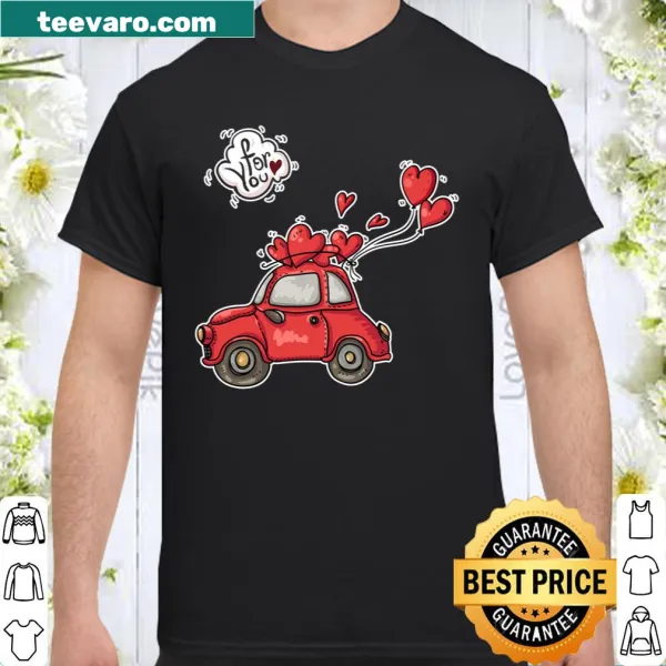 Whimsical shirt with a car and balloon hearts for Valentine's Day