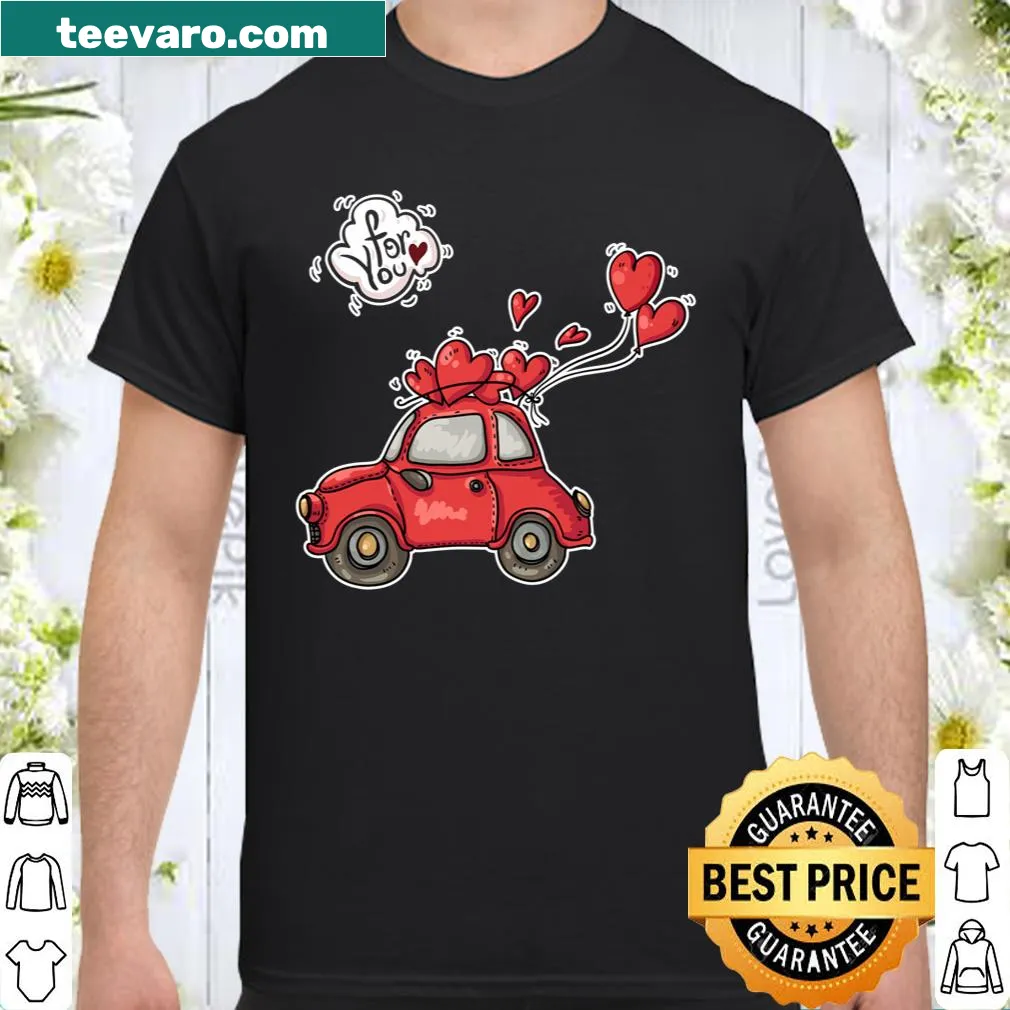 Whimsical shirt with a car and balloon hearts for Valentine's Day