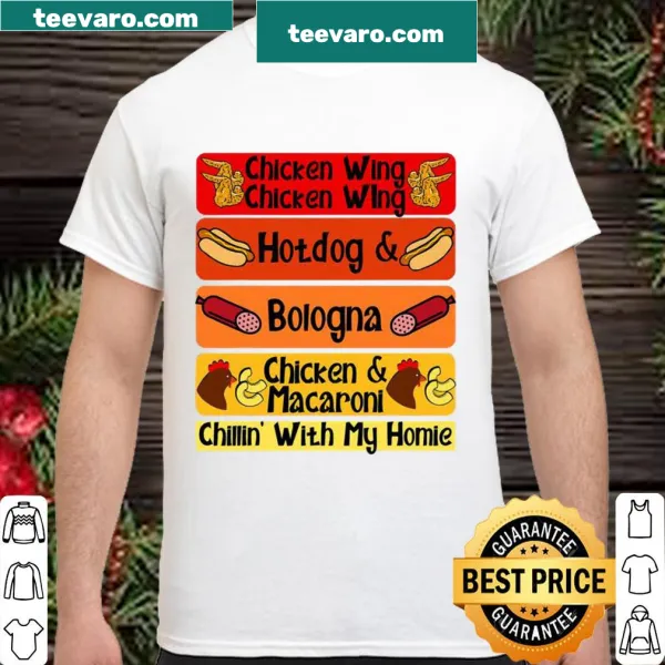 Funny food-themed shirt with references to chicken wings and hotdogs