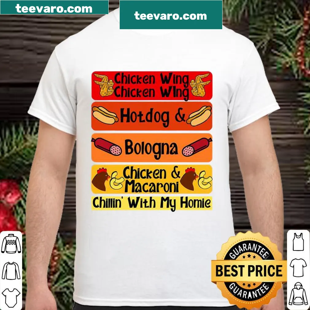 Funny food-themed shirt with references to chicken wings and hotdogs