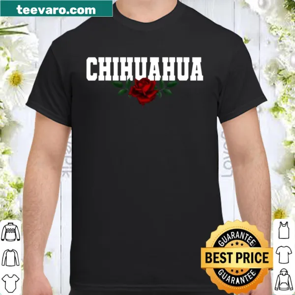 Illustration of a bleeding rose with Chihuahua motif on dark shirt