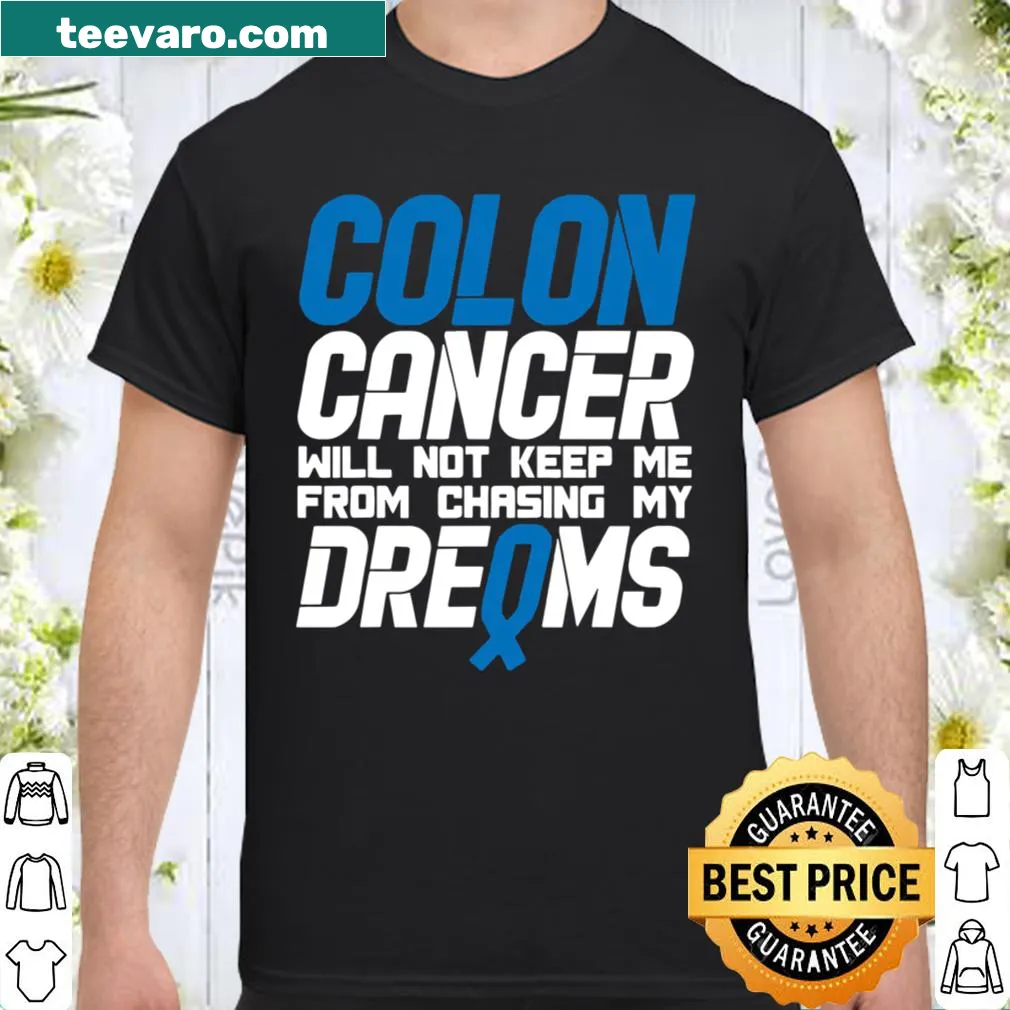 Awareness shirt featuring a blue ribbon and motivational text about colon cancer.