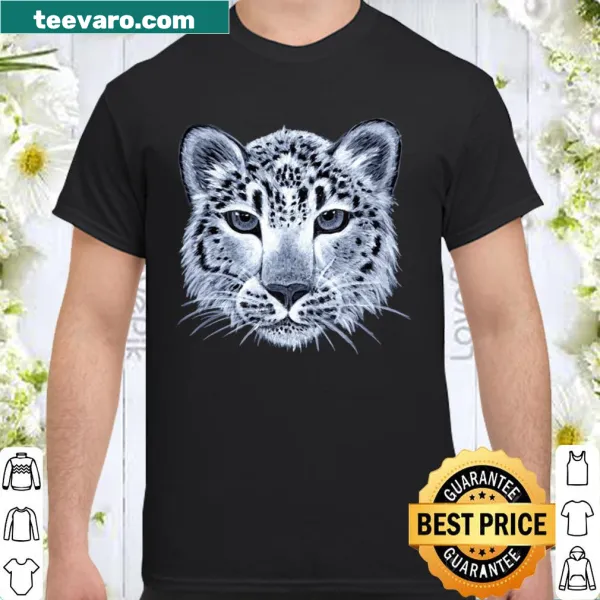 Realistic black and white snow leopard graphic on a women's shirt