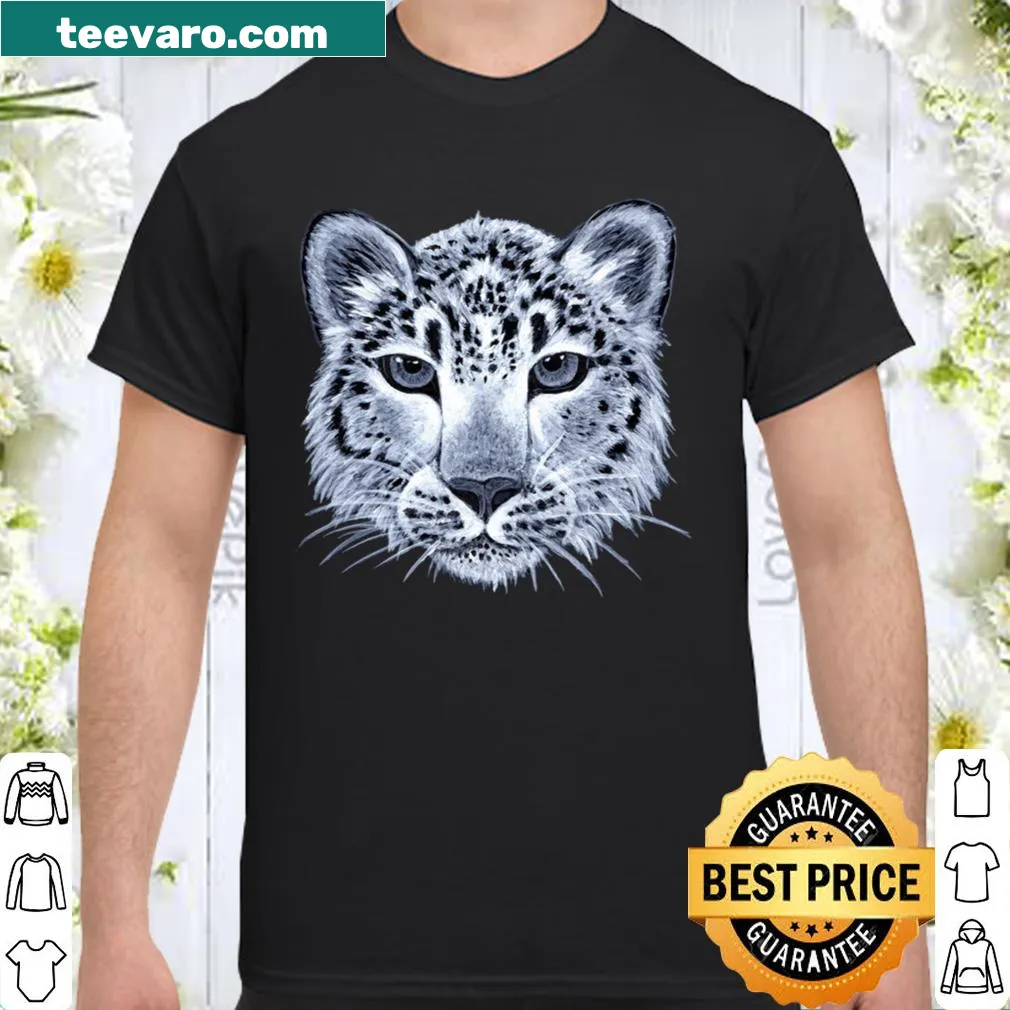Realistic black and white snow leopard graphic on a women's shirt — on a women's shirt