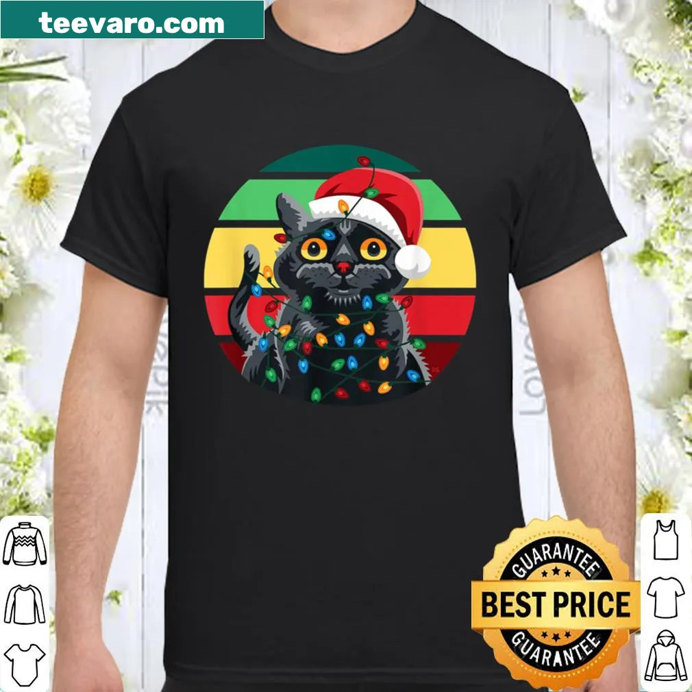 Cute black cat tangled in Christmas lights graphic shirt