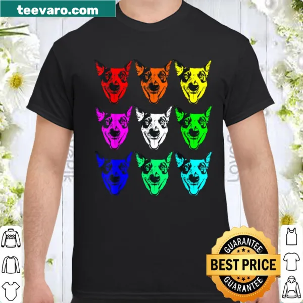Cute Australian Cattle Dog design with happy faces in rainbow colors