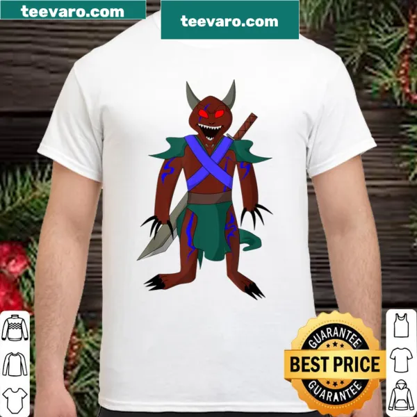 Demon ninja graphic in combat stance on t-shirt
