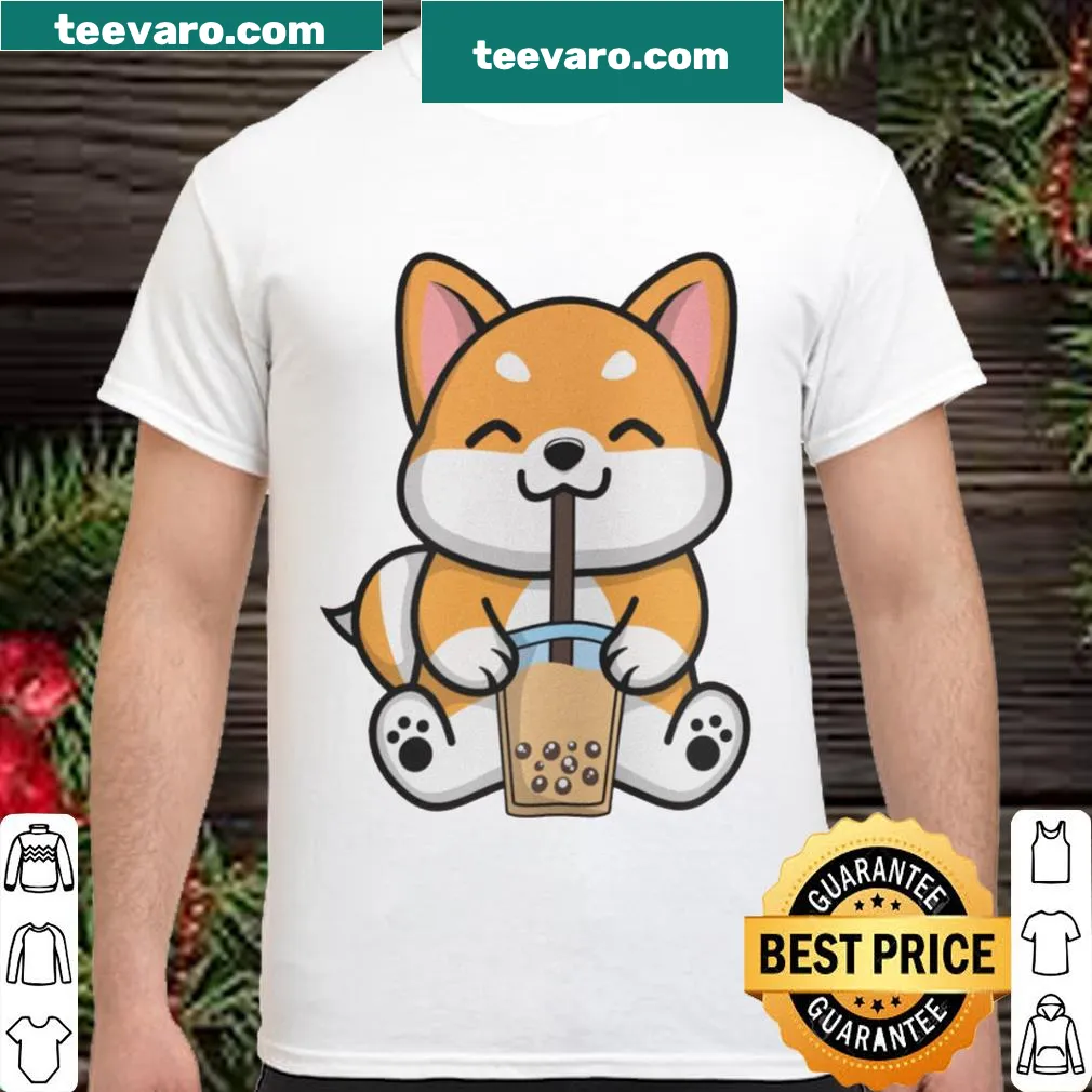 Cute Shiba Inu dog drinking boba tea shirt design