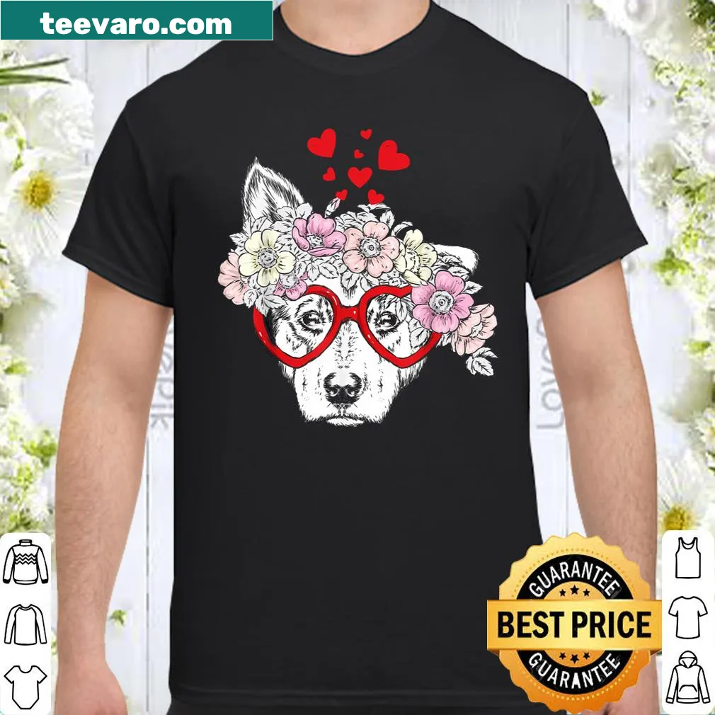 Cute dog t-shirt with sunglasses, flowers, and heart design