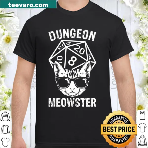 Funny gaming t-shirt featuring 'Dungeon Meowster' cat design