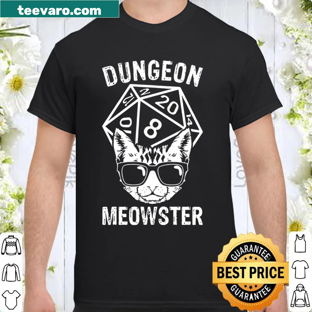 Funny gaming t-shirt featuring 'Dungeon Meowster' cat design
