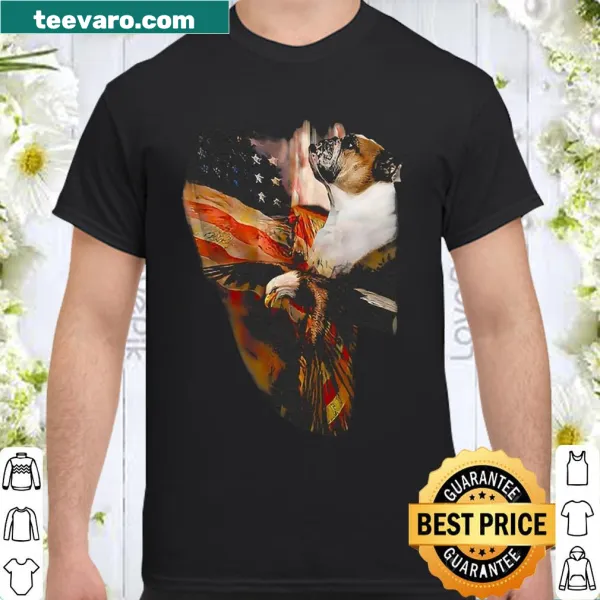 English Bulldog with American wings graphic on a vintage-style shirt