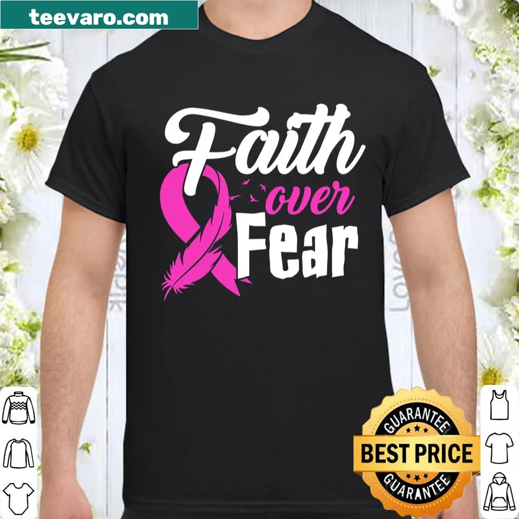 Breast cancer awareness ribbon T-shirt with faith-themed graphic