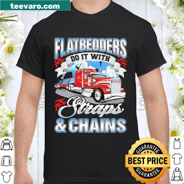Cartoon truck-themed shirt with humorous text about straps and chains
