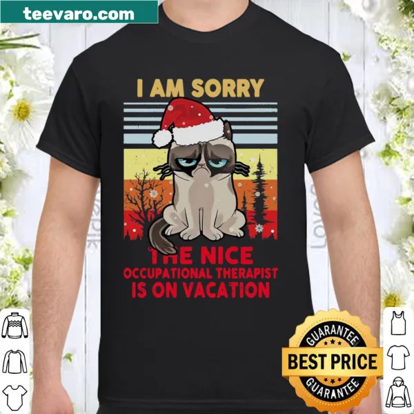 Whimsical cat dressed as Santa with humorous text about an occupational therapist.
