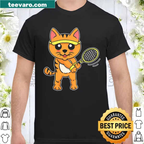 Illustrated cat playing tennis with a racket on a humorous shirt