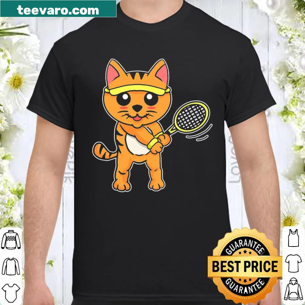 Illustrated cat playing tennis with a racket on a humorous shirt