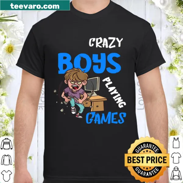 Illustrated shirt featuring boys playing video games with animated graphics
