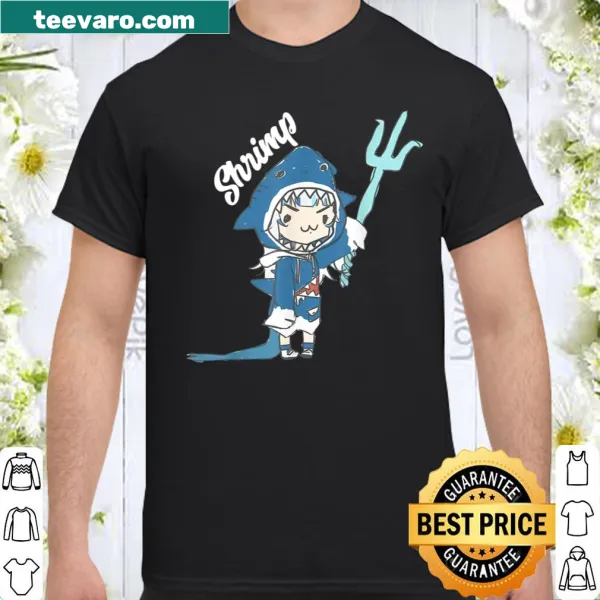 Cartoon graphic of Gawr Gura's face with a shrimp on a fun t-shirt
