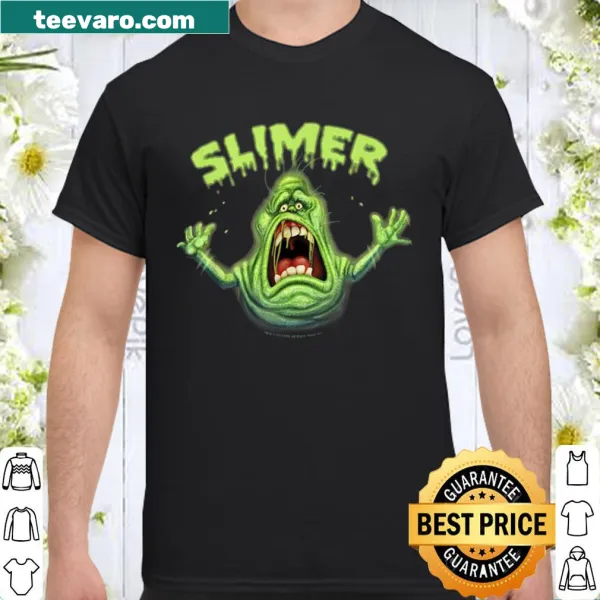 Neon portrait of Slimer from Ghostbusters on a graphic shirt.