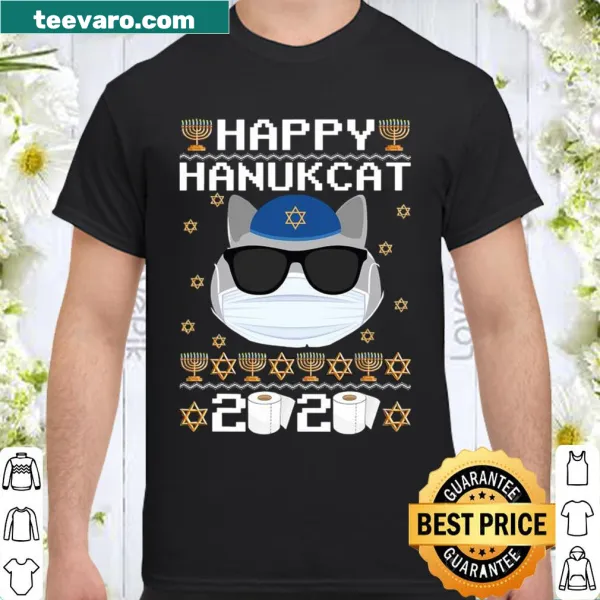 Illustration of a cat with menorah and dreidel on a festive shirt