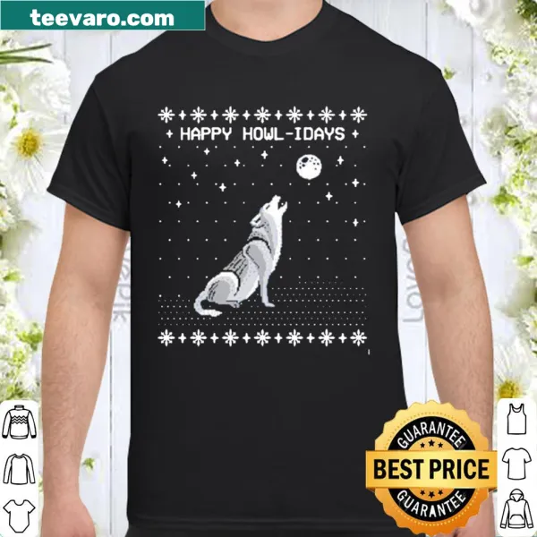Playful cartoon wolf shirt with Happy Howl-idays text