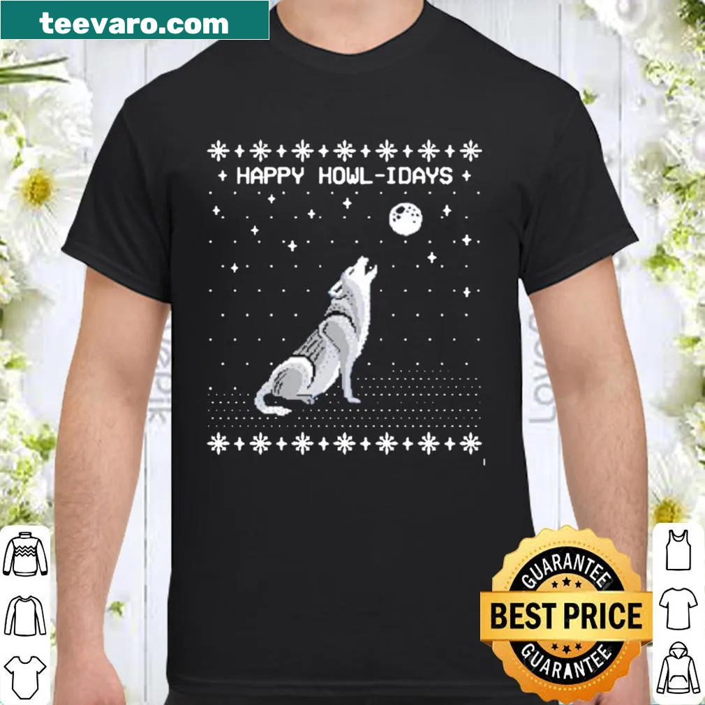Playful cartoon wolf shirt with Happy Howl-idays text