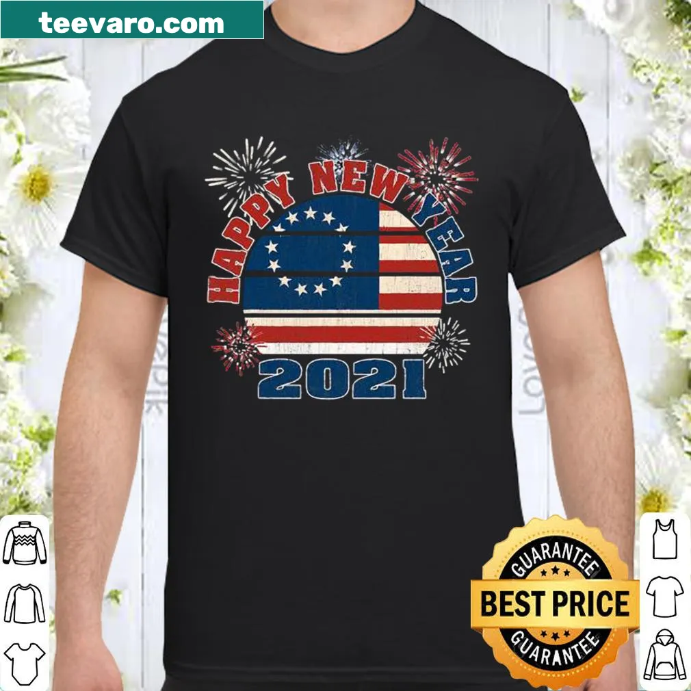 Vintage-style shirt with Betsy Ross flag and fireworks for New Year 2021.