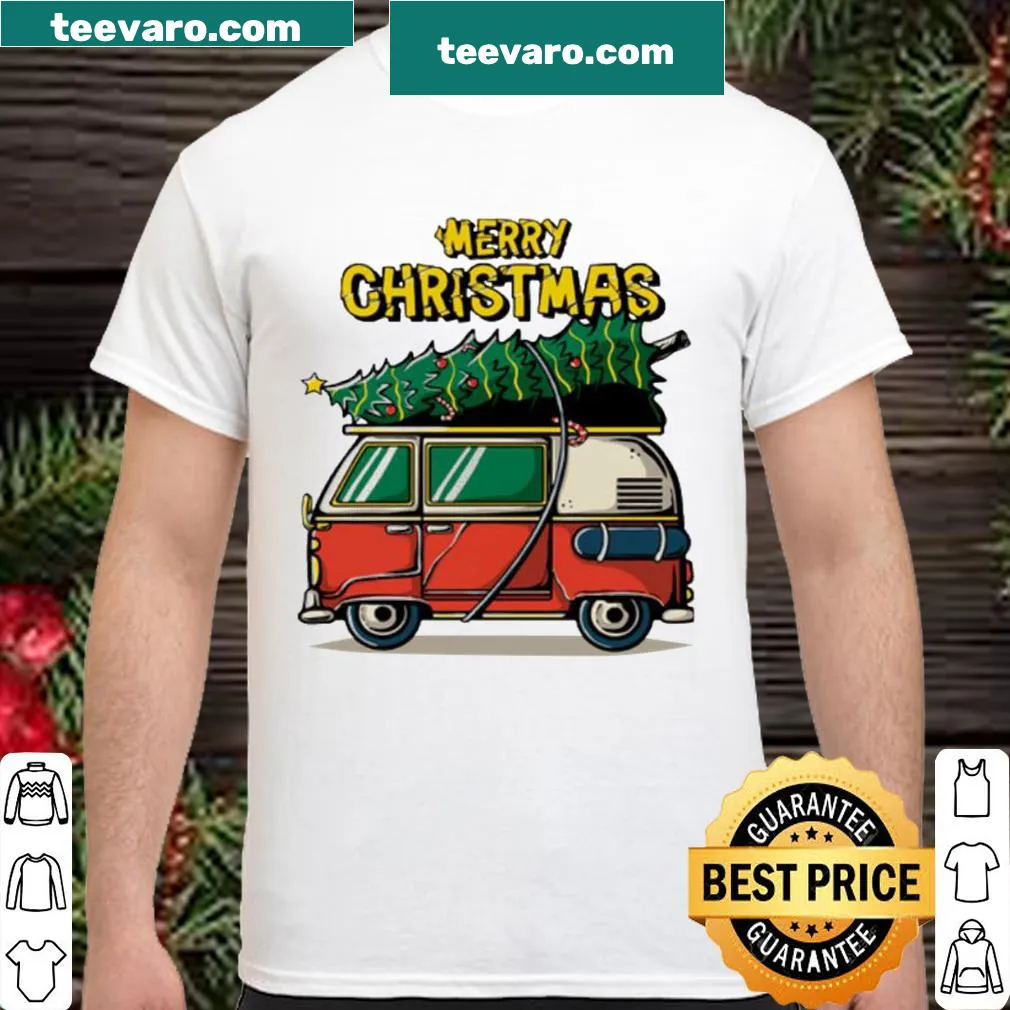 Hippie car design with Christmas tree for festive shirt
