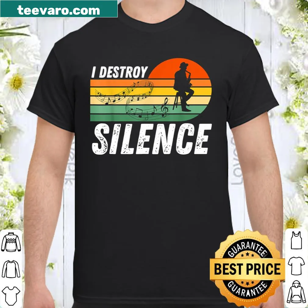 Graphic saying 'I Destroy Silence' with a saxophone theme