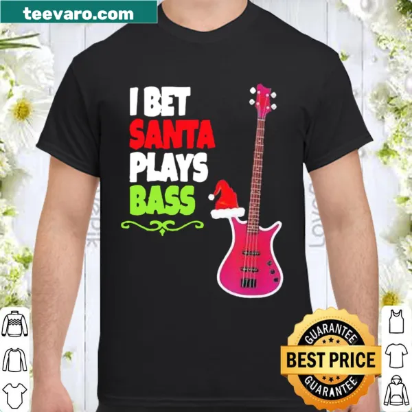 Humorous Christmas shirt featuring Santa playing bass guitar.