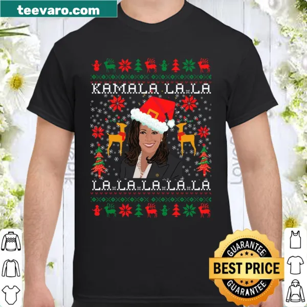 Funny holiday sweater with 'Kamala-la-la' text