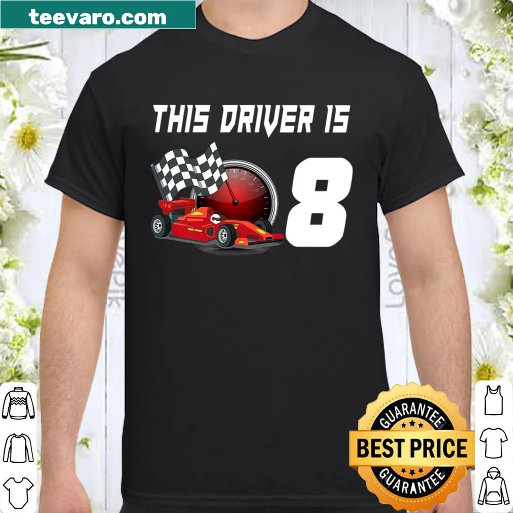 Racing-themed birthday shirt for kids celebrating 8th birthday.
