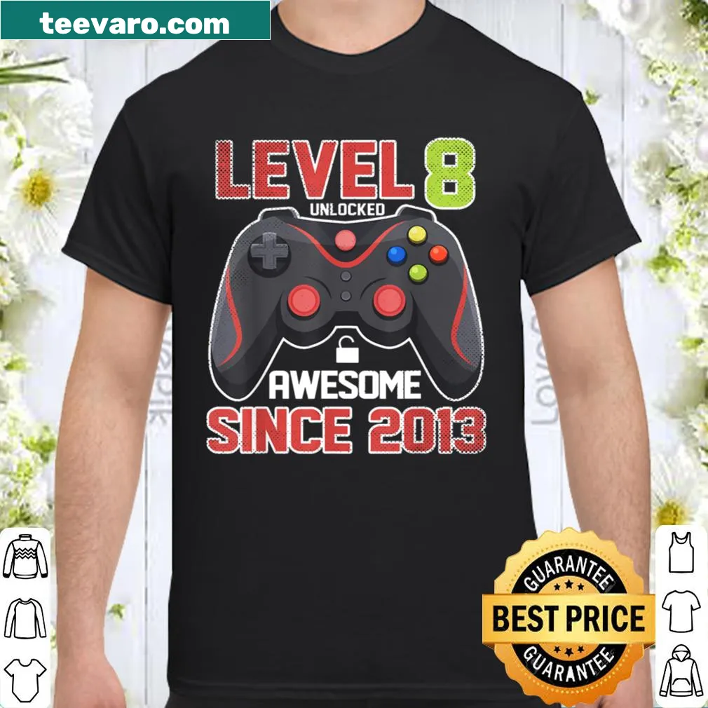 Level 8 Unlocked graphic shirt for kids' 8th birthday.