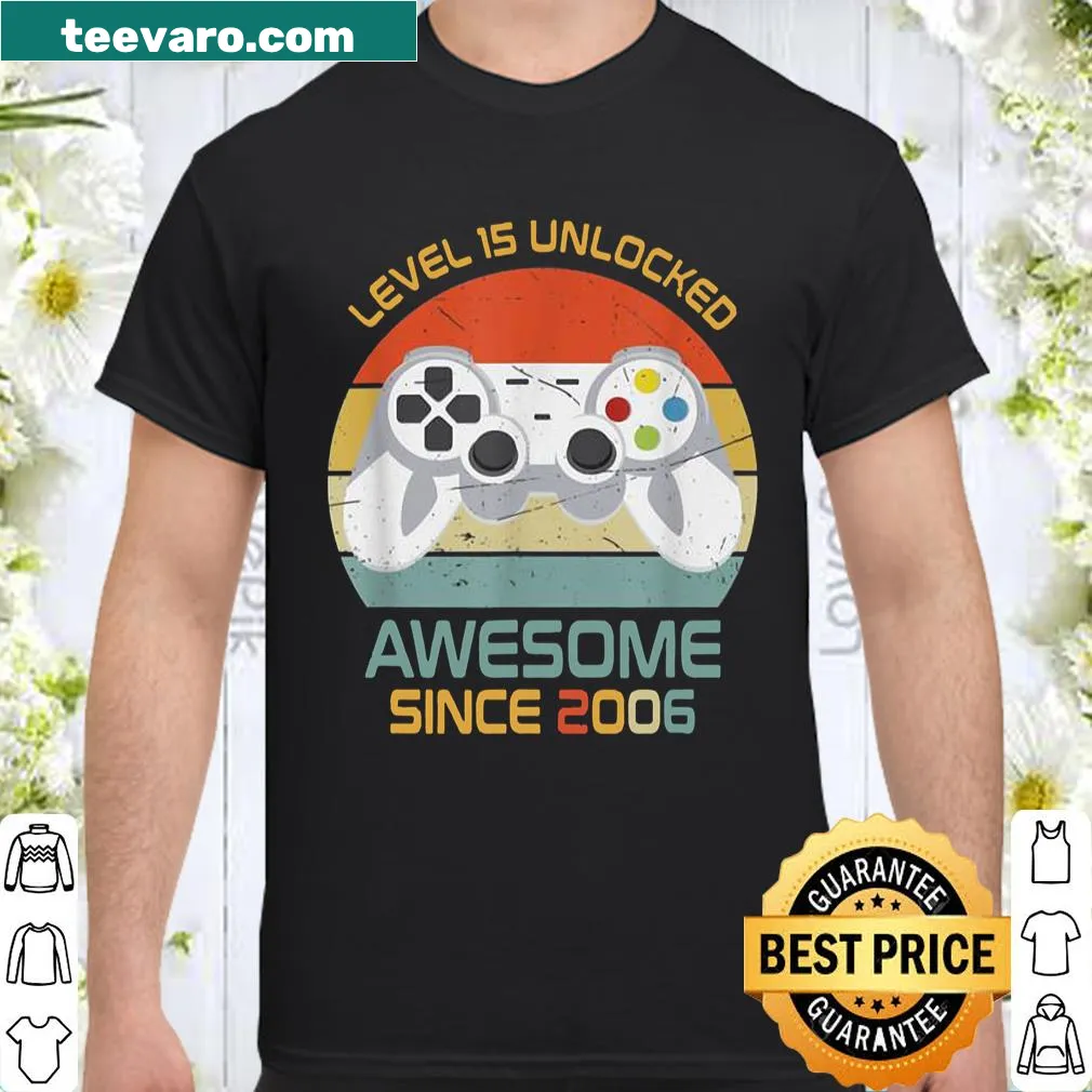 Level 15 Unlocked birthday t-shirt with gaming-inspired typography