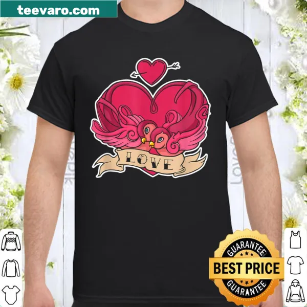 Illustration of love birds in a heart for Valentine's Day T-shirt.